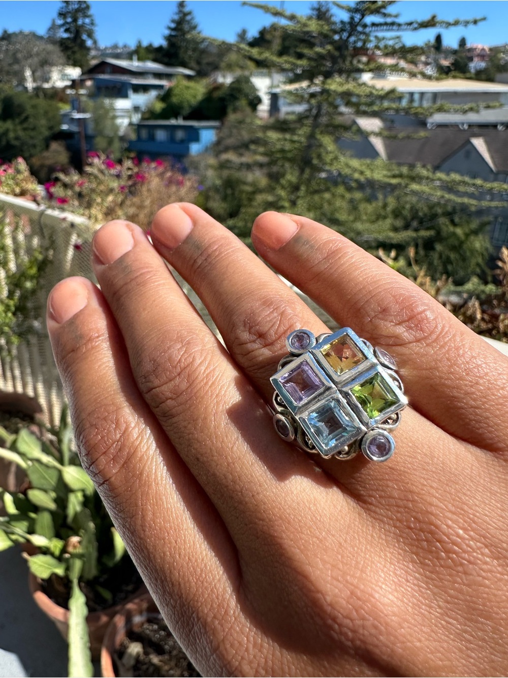 Sterling Silver Multi-Gem Square Cluster Ring - Multi-Color 6.5